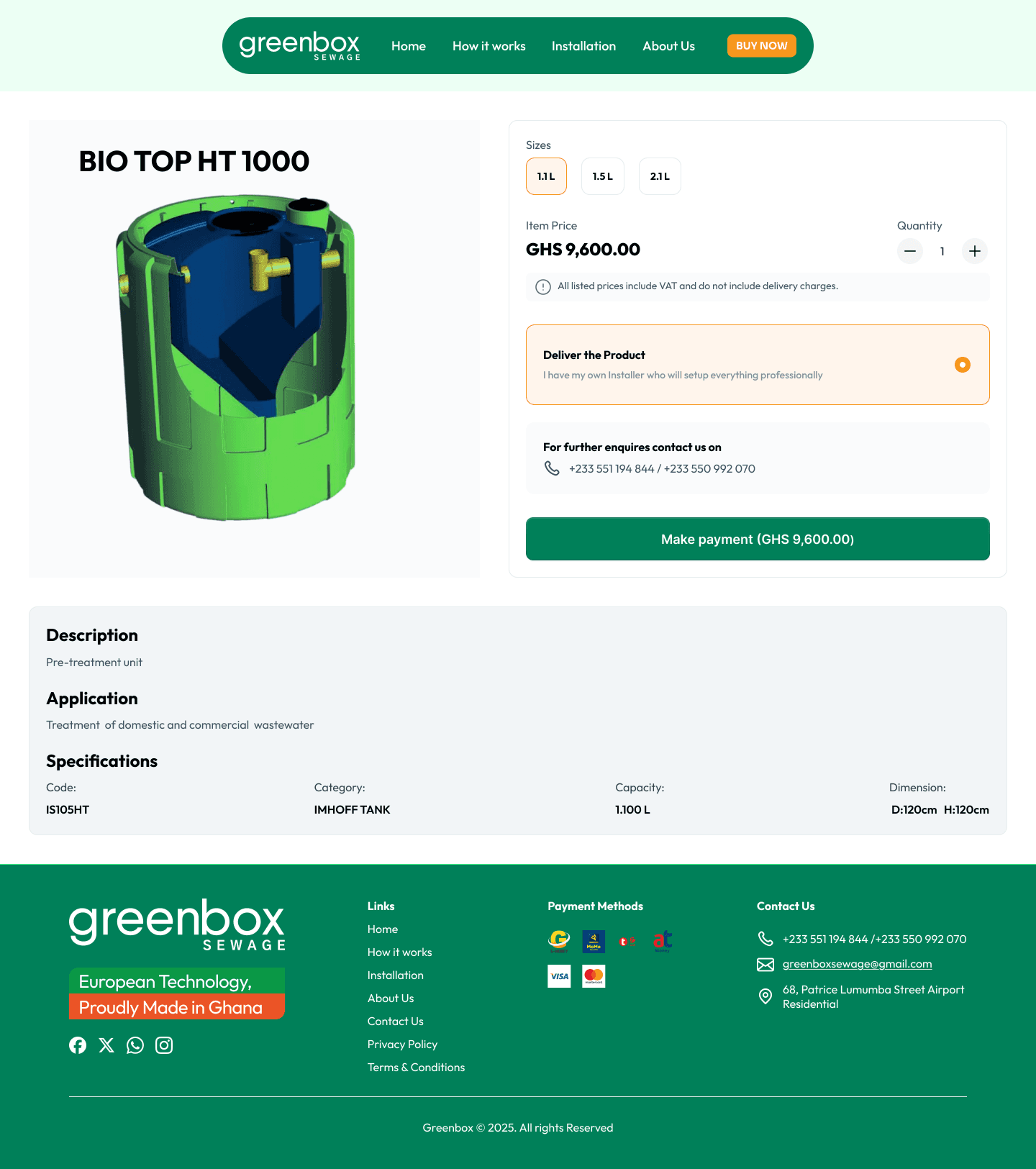 Greenbox Sewage desktop product selection screen