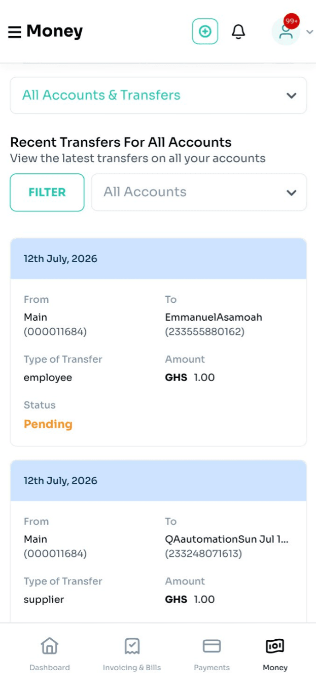 New mobile Money screen with account filter and transaction cards designed for narrow screens.