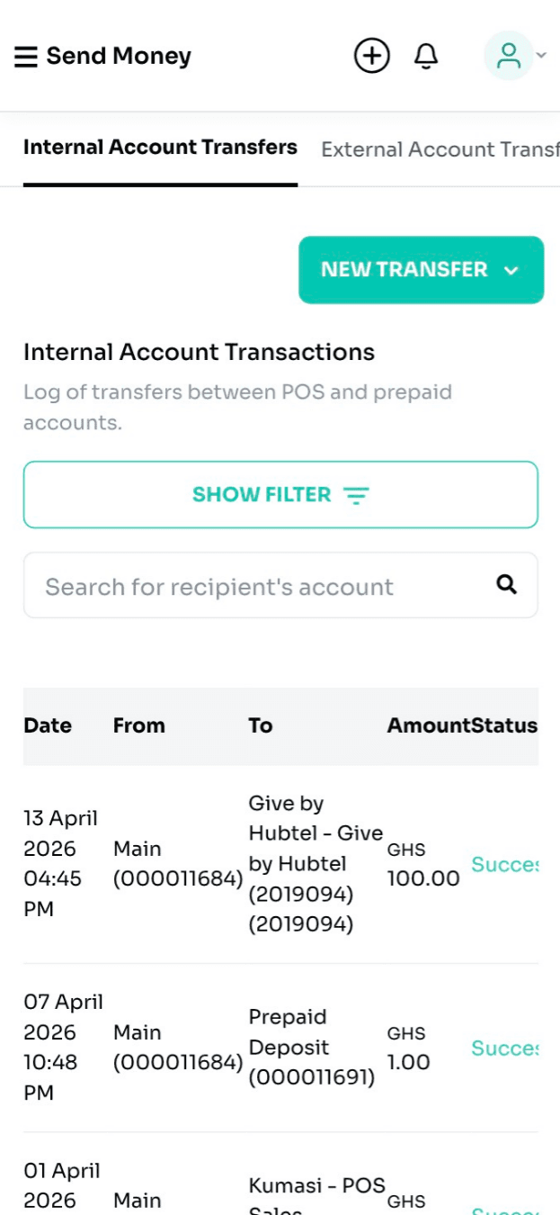 Old mobile Send Money screen with a compressed transfer table and truncated transaction details.
