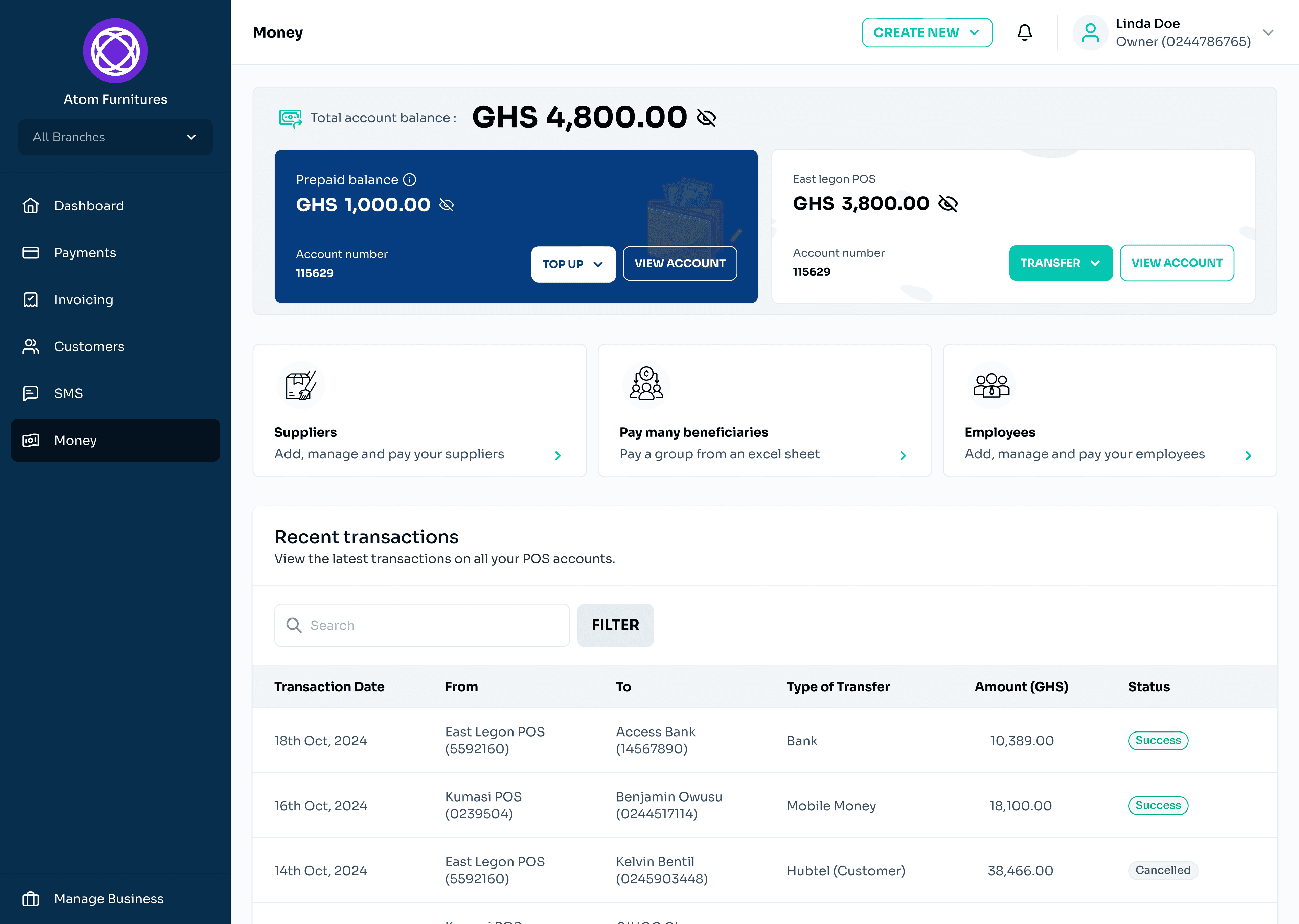 V2 Hubtel Money home showing balances, account cards, task cards, and recent transactions.