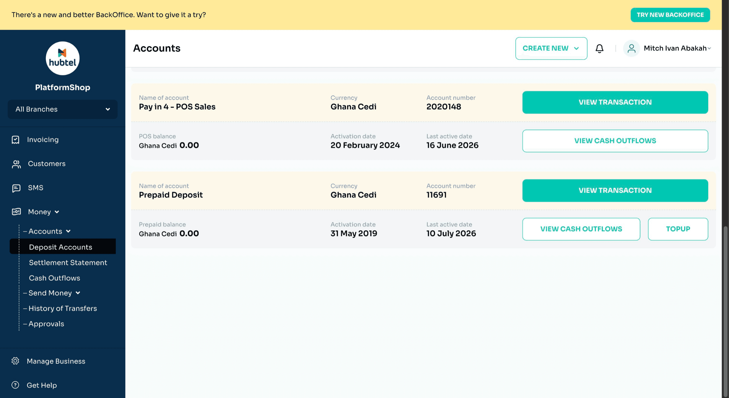 Old Hubtel Money accounts screen with nested navigation for deposit accounts, statements, cash outflows, transfers, history, and approvals.