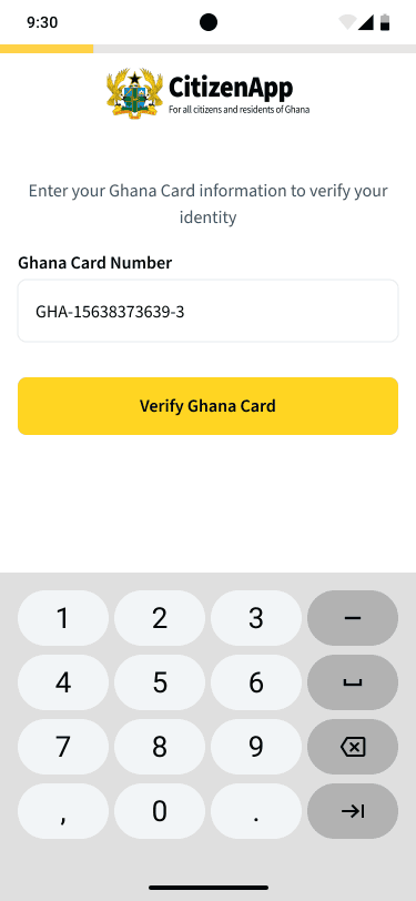 Ghana Card number verification screen