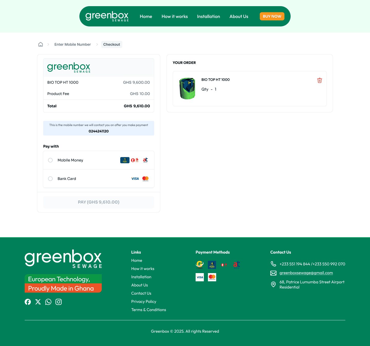Greenbox Sewage desktop checkout and payment screen