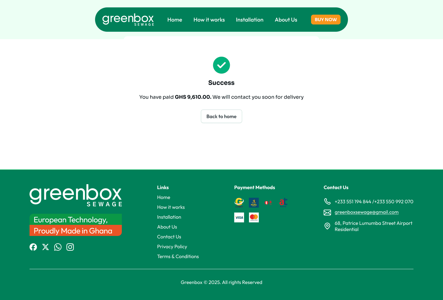 Greenbox Sewage desktop purchase confirmation screen
