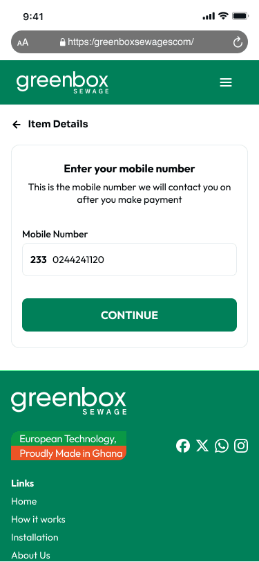 Greenbox Sewage mobile product details screen